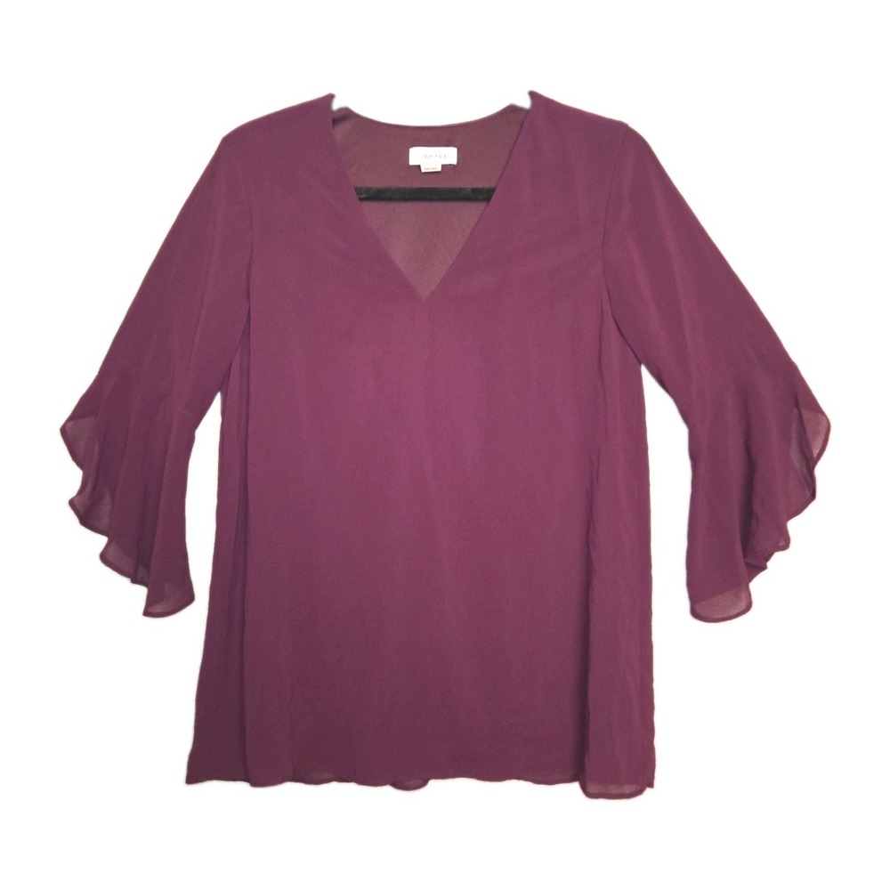Calvin Klein Womens Small Purple Blouse Chiffon Overlay Flared Sleeve Flowy Top